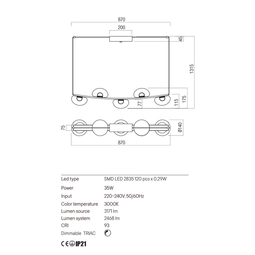 Redo 01-3244 - LED ljusreglerad ljuskrona på textilsladd SINCLAIR LED/35W/230V CRI 93 IP21 svart