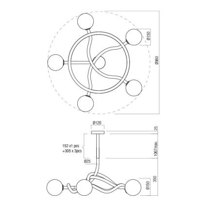 Redo 01-3259 - Taklampa på stång CONFUSIO 5 x E14 (max 28 W), 230 V, Ø 96 cm, svart