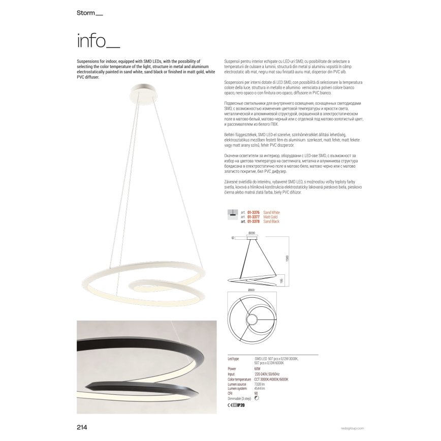 Redo 01-3376 - Dimmbar LED-pendellampa på vajer STORM LED/60W/230V 3000/4000/6000K CRI 90 Ø 80 cm vit