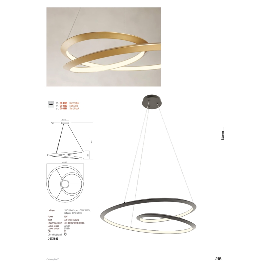 Redo 01-3378 - Dimbar LED-pendel på kabel STORM LED/60W/230V 3000/4000/6000K CRI 90 pr. 80 cm svart