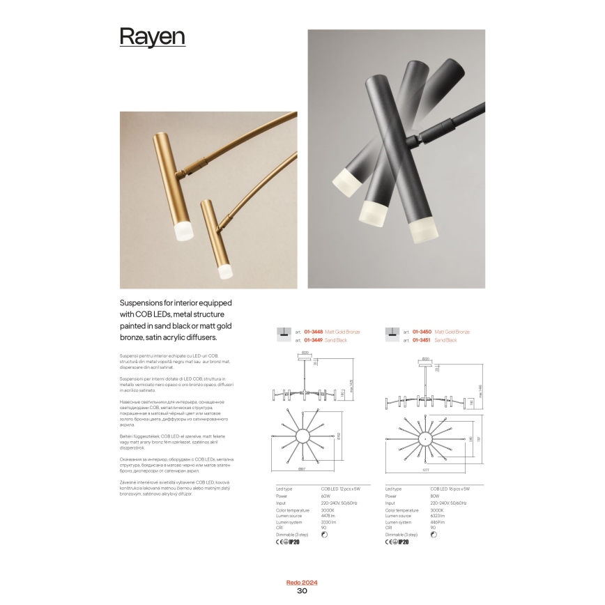 Redo 01-3450 - Dimbar LED-taklampa på stång RAYEN LED/80W/230V CRI 90 guld