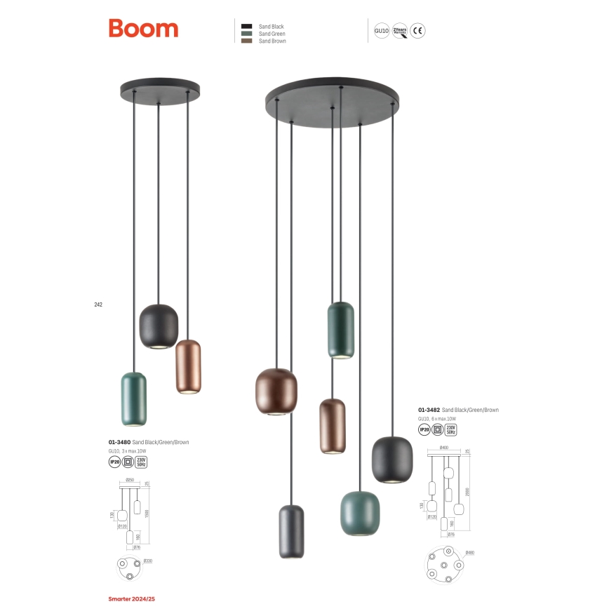 Redo 01-3480 - Ljuskrona med textilsladd BOOM 3xGU10/10W/230V diameter 33 cm svart/grön/brun