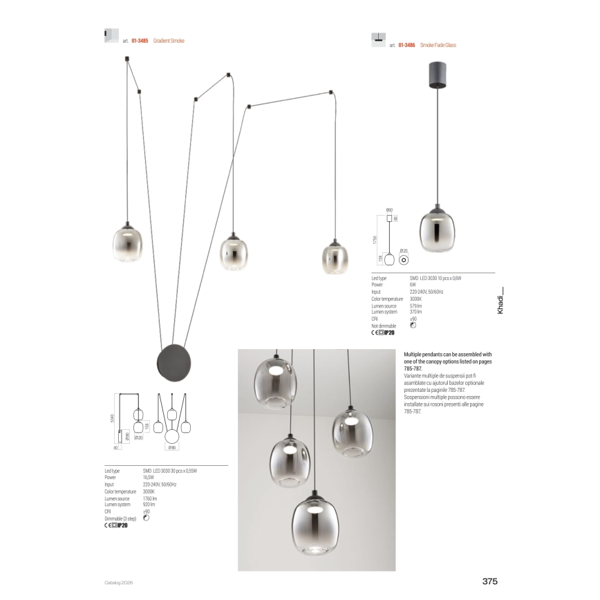 Redo 01-3485 - Dimbar LED-vägglampa KHADI 3xLED/5,5W/230V CRI 90 Ø 12 cm svart/rökfärgad