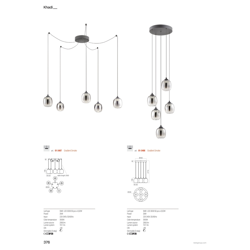 Redo 01-3488 - LED Dimbar pendellampa med kabel KHADI 5xLED/5,2W/230V CRI 90 Ø 43 cm svart/rökfärgad