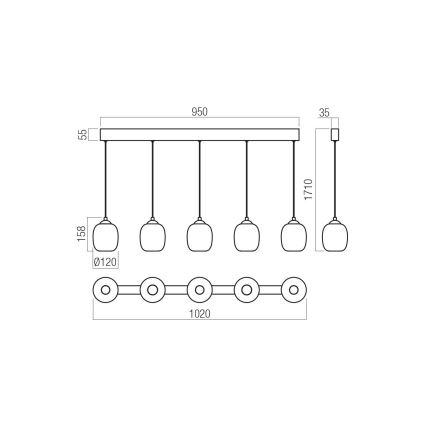 Redo 01-3490 - LED dimbar pendel på vajer KHADI 5xLED/5,2W/230V CRI 90 svart/rökfärgad