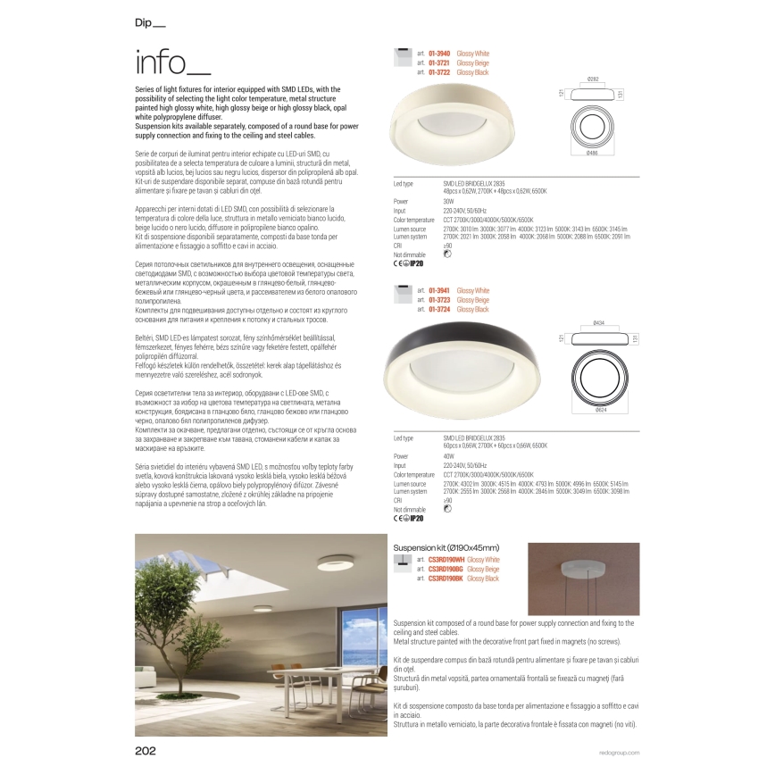 Redo 01-3941 - LED-taklampa DIP LED/40W/230V 2700/3000/4000/5000/6500K CRI 90 Ø 62,4 cm vit