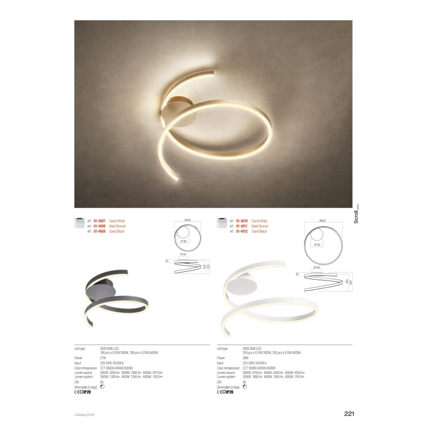 Redo 01-4011 - Dimmbar LED-taklampa SCROLL LED/38W/230V 3000K/4000K/6000K CRI 90 Ø 60 cm guldfinish