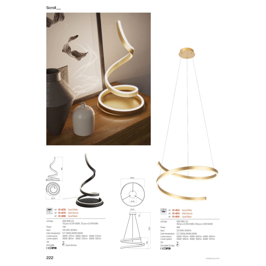 Redo 01-4014 - LED-dimmbar pendellampa på vajer SCROLL LED/38W/230V 3000K/4000K/6000K CRI 90 Ø 60 cm guld