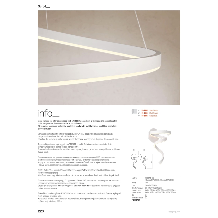 Redo 01-4282 - Dimbar LED-golvlampa SCROLL LED/30W/230V 3000K/4000K/6000K CRI 90 guldfärgad