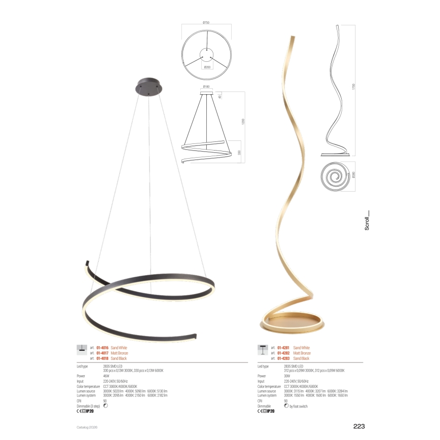 Redo 01-4282 - Dimbar LED-golvlampa SCROLL LED/30W/230V 3000K/4000K/6000K CRI 90 guldfärgad