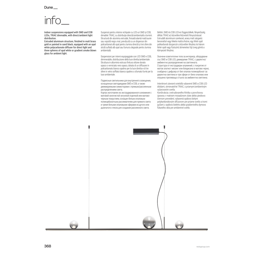 Redo 01-4302 - Dimbara LED-pendel på vajer DUNE LED/48W/230V 3000K CRI 90 svart/rökfärgad