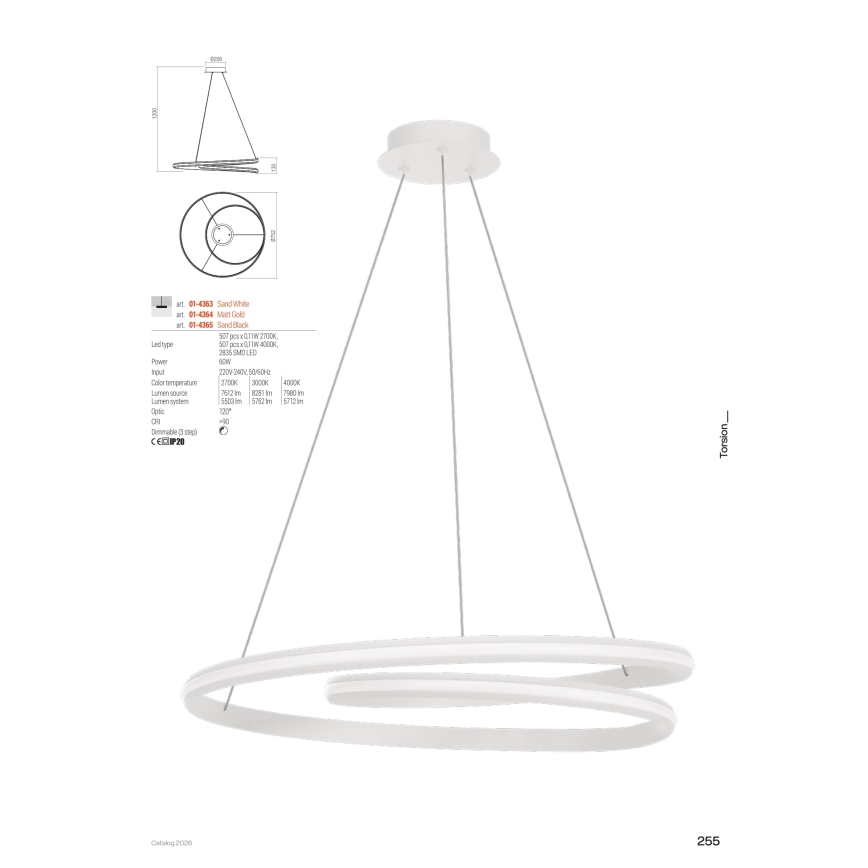 Redo 01-4363 - LED dimmbar pendellampa med vajerupphängning TORSION LED/60W/230V 2700/3000/4000K CRI 90 diameter 75,2 cm vit