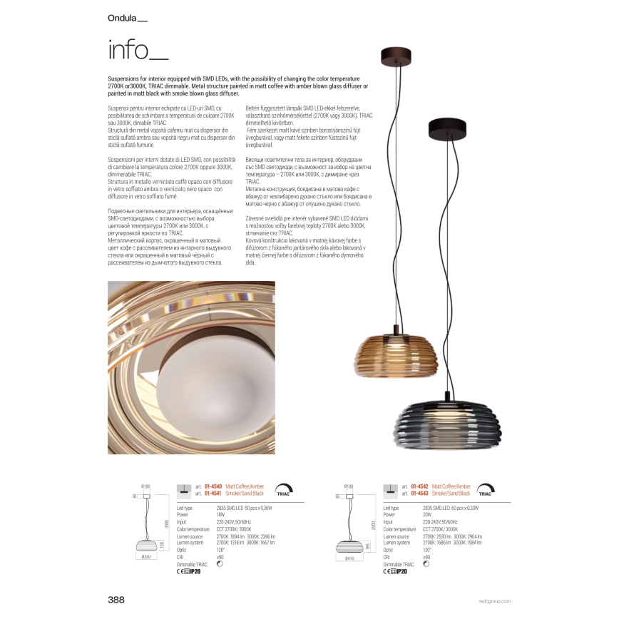 Redo 01-4543 - Dimbar ONDULA LED/16W/230V 2700K/3000K CRI 90 pendellampa på vajer Ø 41 cm svart/rökfärgad