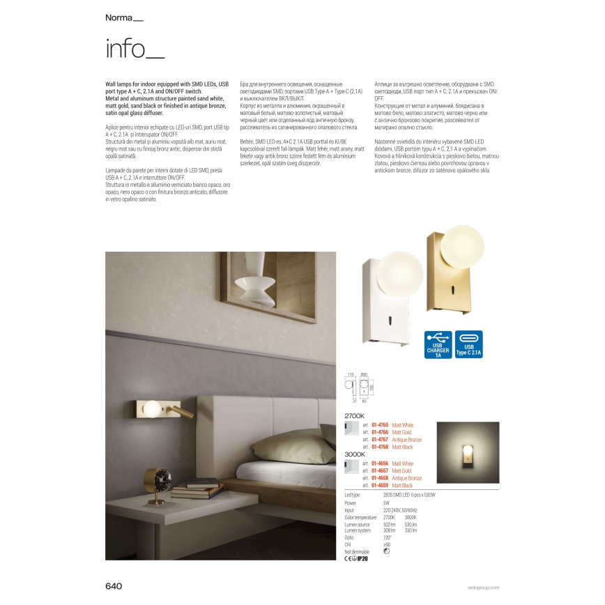 Redo 01-4661 - LED vägglampa NORMA LED/5W/230V + LED/3W CRI 90 USB vit/guld
