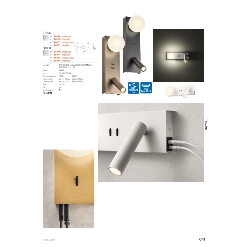 Redo 01-4661 - LED vägglampa NORMA LED/5W/230V + LED/3W CRI 90 USB vit/guld