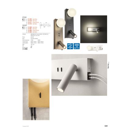 Redo 01-4662 - NORMA LED-vägglampa LED/5W/230V + LED/3W CRI 90 USB vit/brons