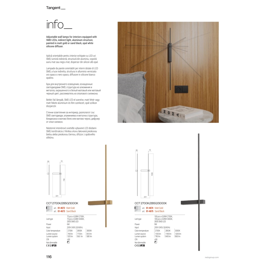 Redo 01-4674 - LED Vägglampa TANGENT LED/9W/230V 2700/2850/3000K 73 cm CRI 90 guld