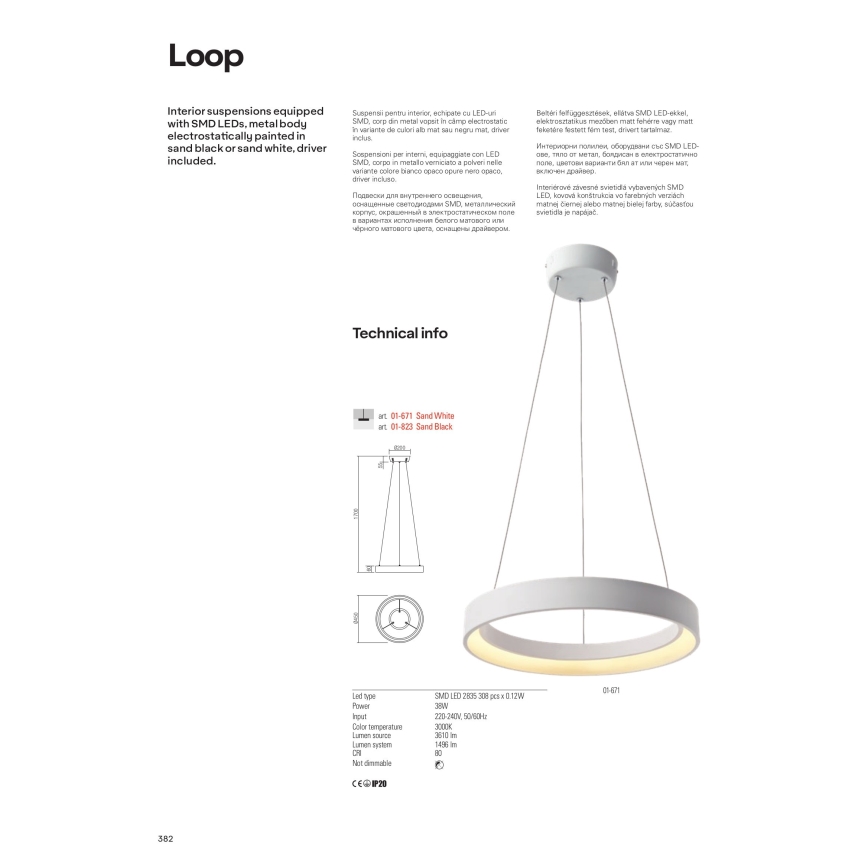 Redo 01-672 - LED ljuskrona med textilsladd LOOP LED/48W/230V diameter 60 cm vit