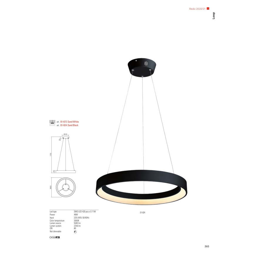 Redo 01-672 - LED ljuskrona med textilsladd LOOP LED/48W/230V diameter 60 cm vit