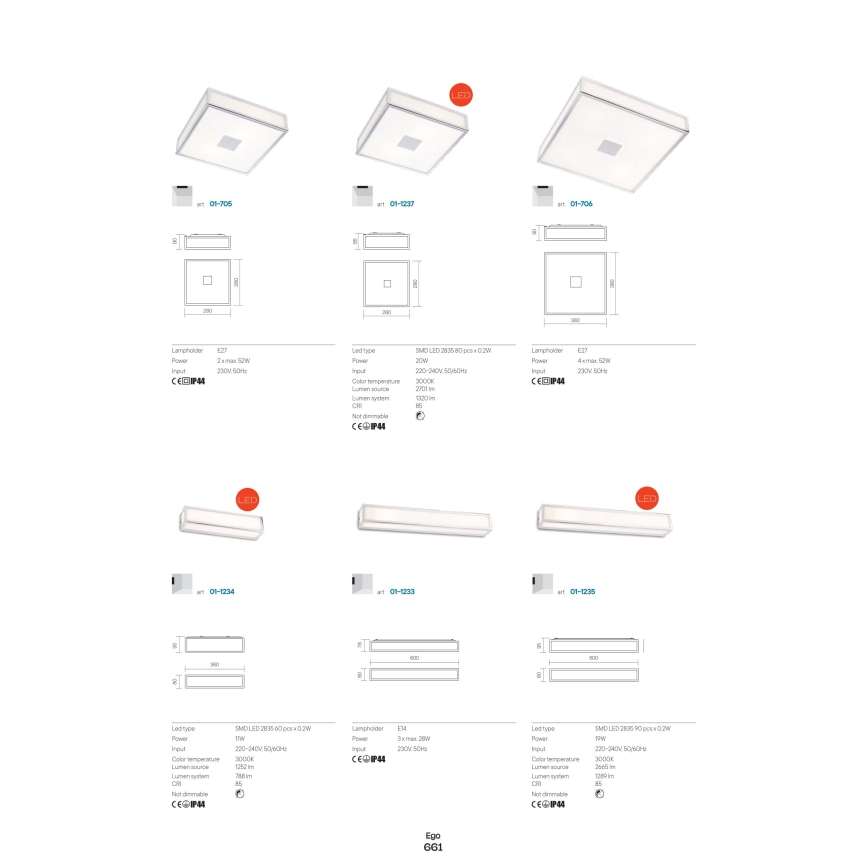 Redo 01-704 - Badrum takbelysning EGO 1xE27/52W/230V 18x18 cm IP44