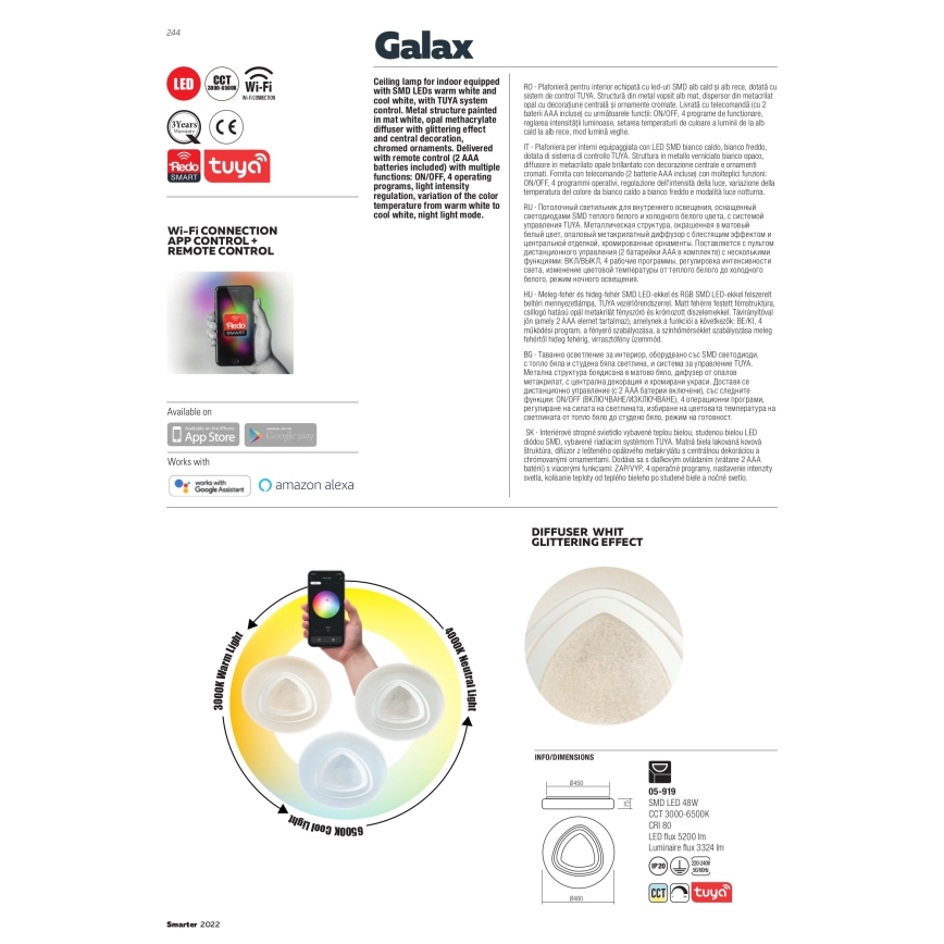 Redo 05-919 - Dimbart LED-takarmatur GALAX LED/48W/230V 3000-6500K Wi-Fi Tuya Ø 48 cm vit + fjärrkontroll