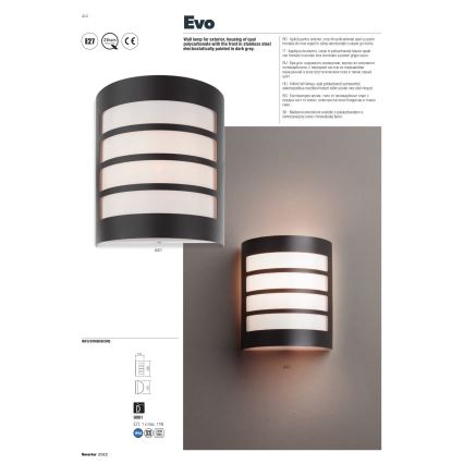 Redo 9001 - Vägglampa för utomhusbruk EVO 1xE27/11W/230V IP44