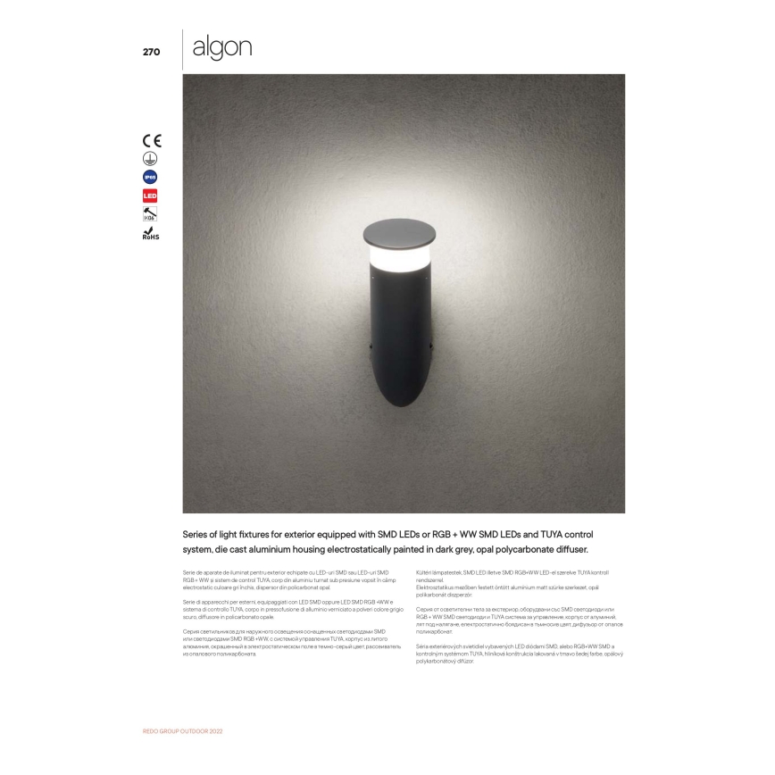 Redo 90073 - LED RGBW utomhusväggarmatur ALGON LED/6W/230V Wi-Fi Tuya IP65 antracit