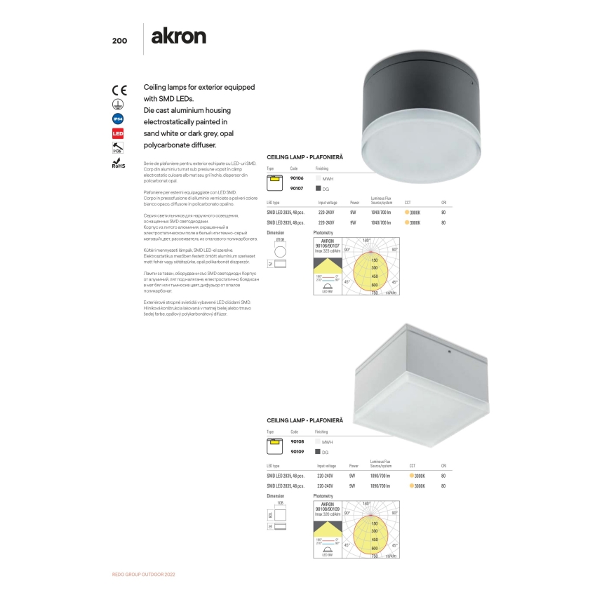 Redo 90107 - LED takarmatur för utomhusbruk AKRON LED/9W/230V Ø 10,8 cm IP54