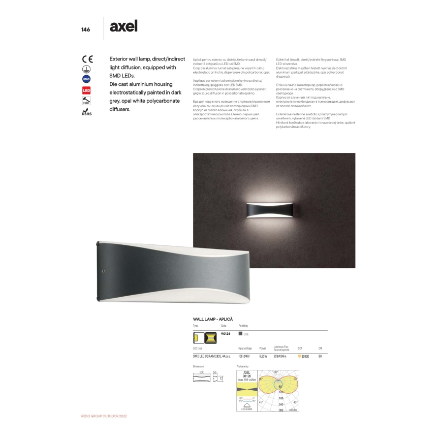 Redo 90126 - LED utomhusvägglampa AXEL LED/7W/230V 3000 IP65 antracit