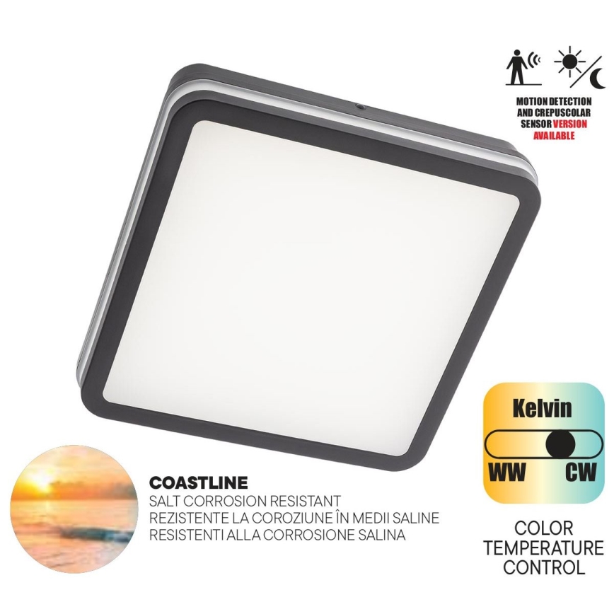 Redo 90292 - LED taklampa för utomhusbruk med sensor ISOLA LED/24W/230V 26x26 cm 3000/4000/6500K IP54 antracit