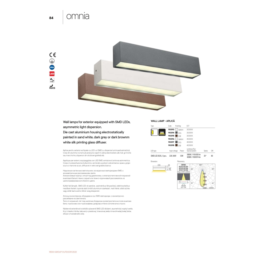 Redo 90394 - LED vägglampa för utomhusbruk OMNIA LED/12W/230V 3000K IP54 grå