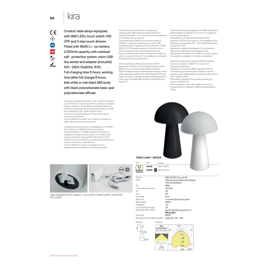 Redo 90439 - dimbar beröringsstyrd utomhuslampa KIRA LED/4,7W/230V 2200 mAh IP44 svart