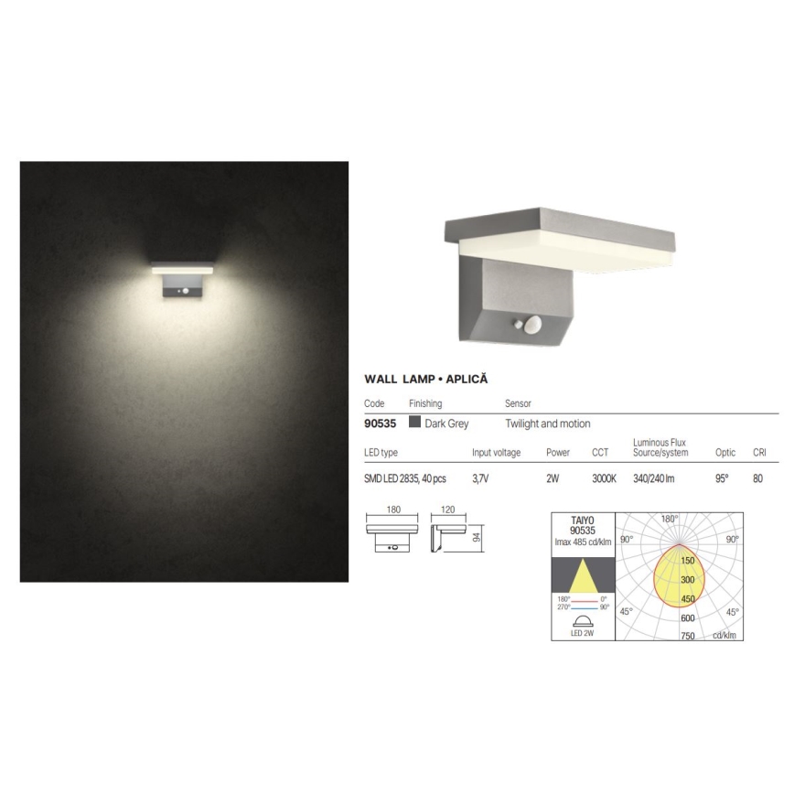 Redo 90535 - LED solcell väggbelysning med sensor TAIYO LED/2W/3,7V 3000K 2200 mAh IP54 antracit