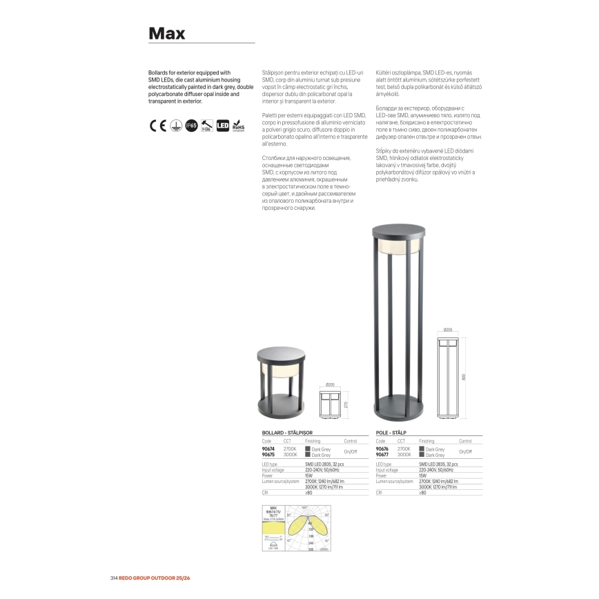 Redo 90676 - MAX utomhuslampa LED/15W/230V 2700K 80 cm IP65 antracit