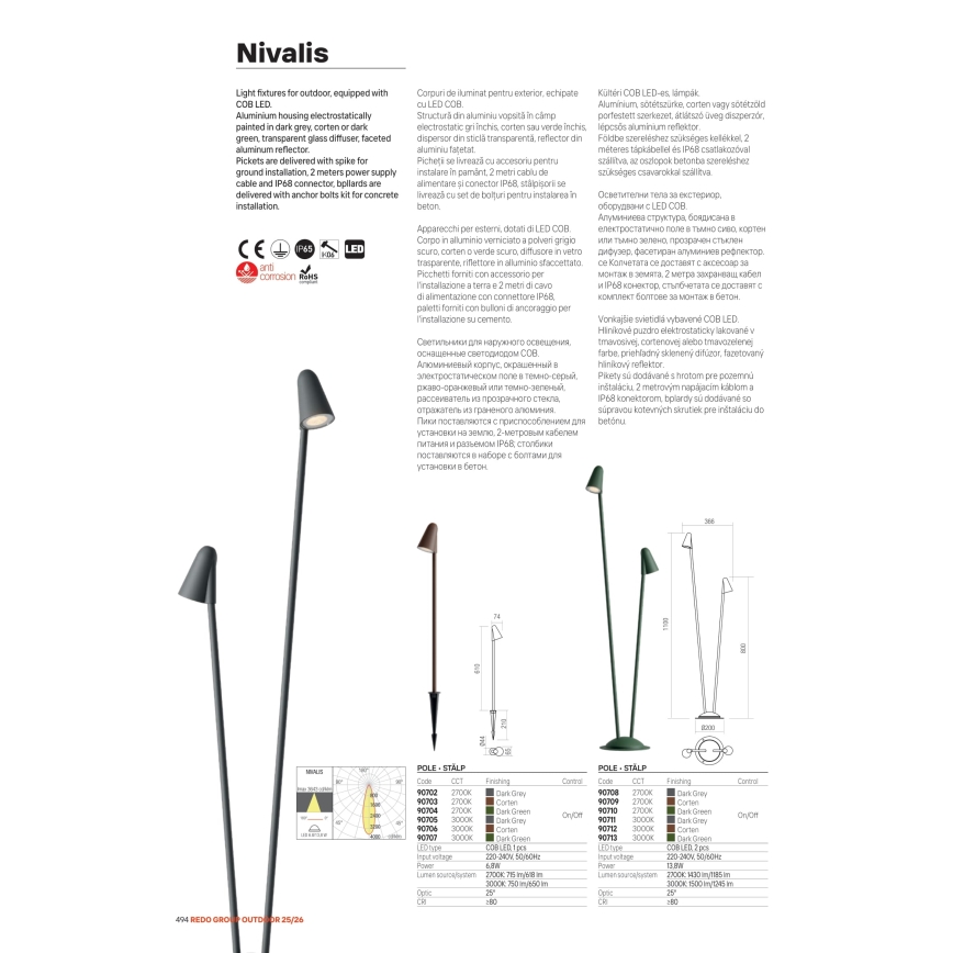 Redo 90712 - LED-utomhuslampa NIVALIS 2xLED/6,9W/230V 3000K 110 cm IP65 brun