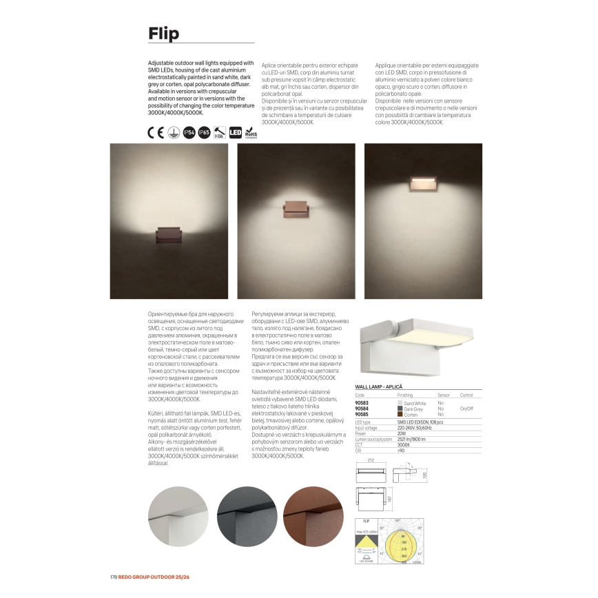 Redo 90716 - LED utomhus väggarmatur FLIP LED/40W/230V 3000/4000/5000K CRI 90 IP54 brun