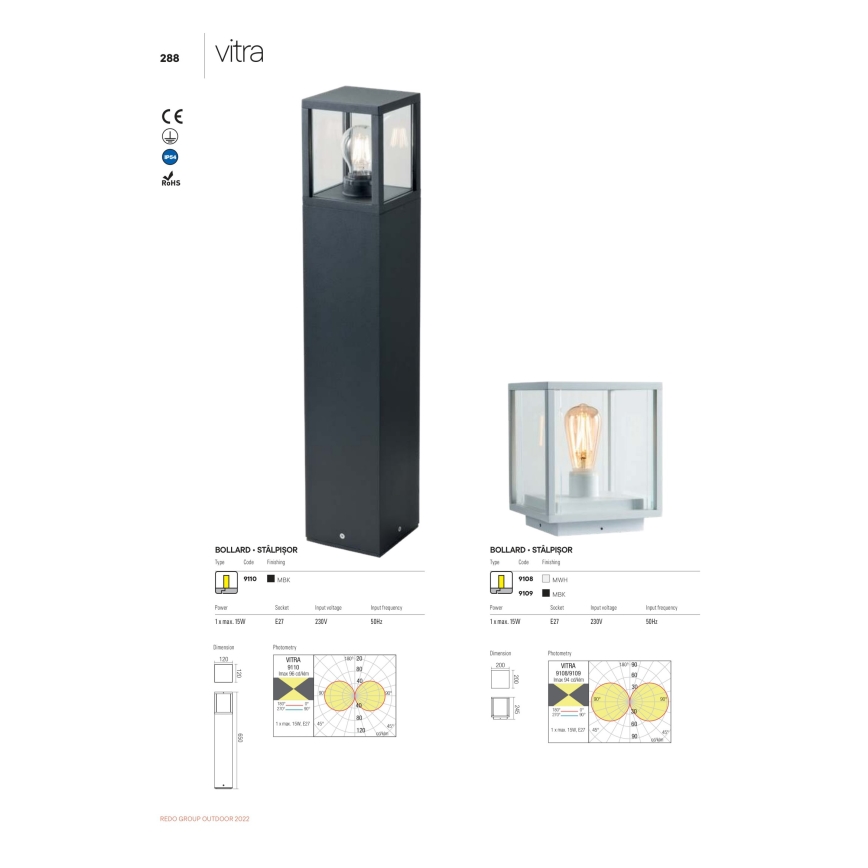 Redo 9109 - Utomhuslampa VITRA 1xE27/15W/230V IP54 svart
