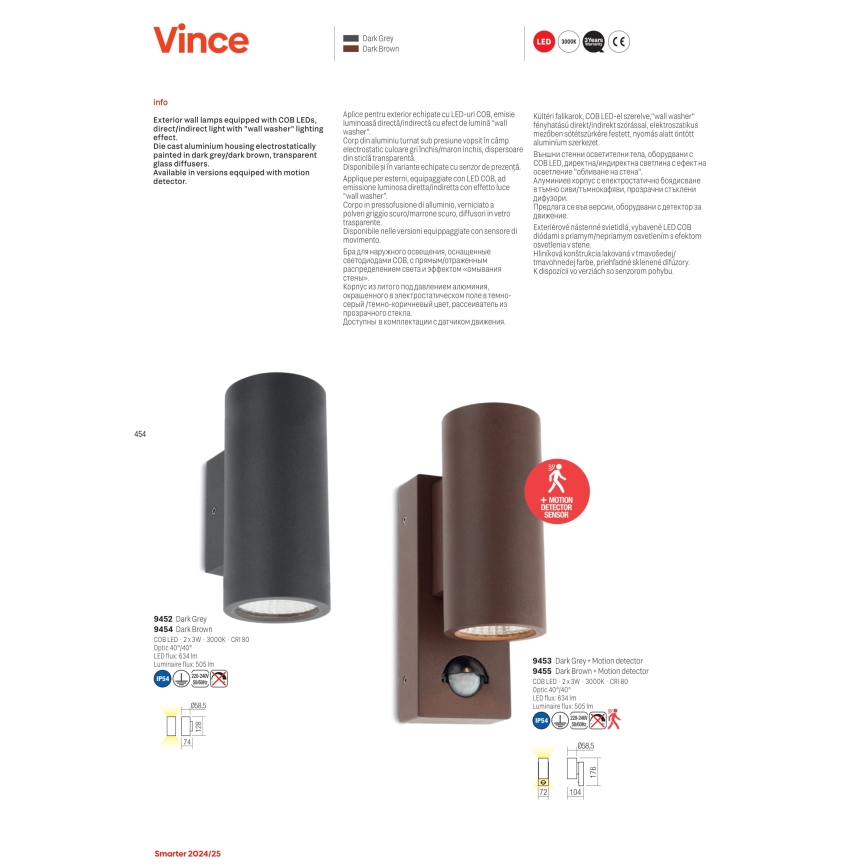 Redo 9453 - LED Utomhus vägglampa med sensor VINCE 2xLED/3W/230V IP54 antracit