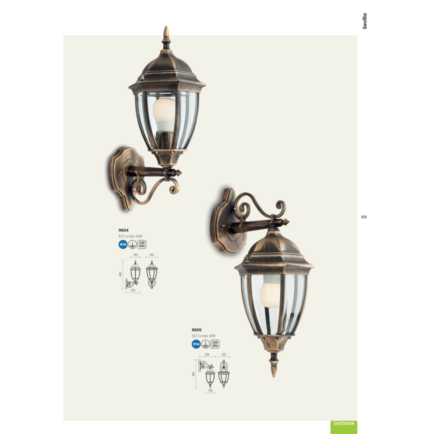 Redo 9604 - Vägglampa för utomhusbruk SEVILLA 1xE27/42W/230V IP44 guld/patina