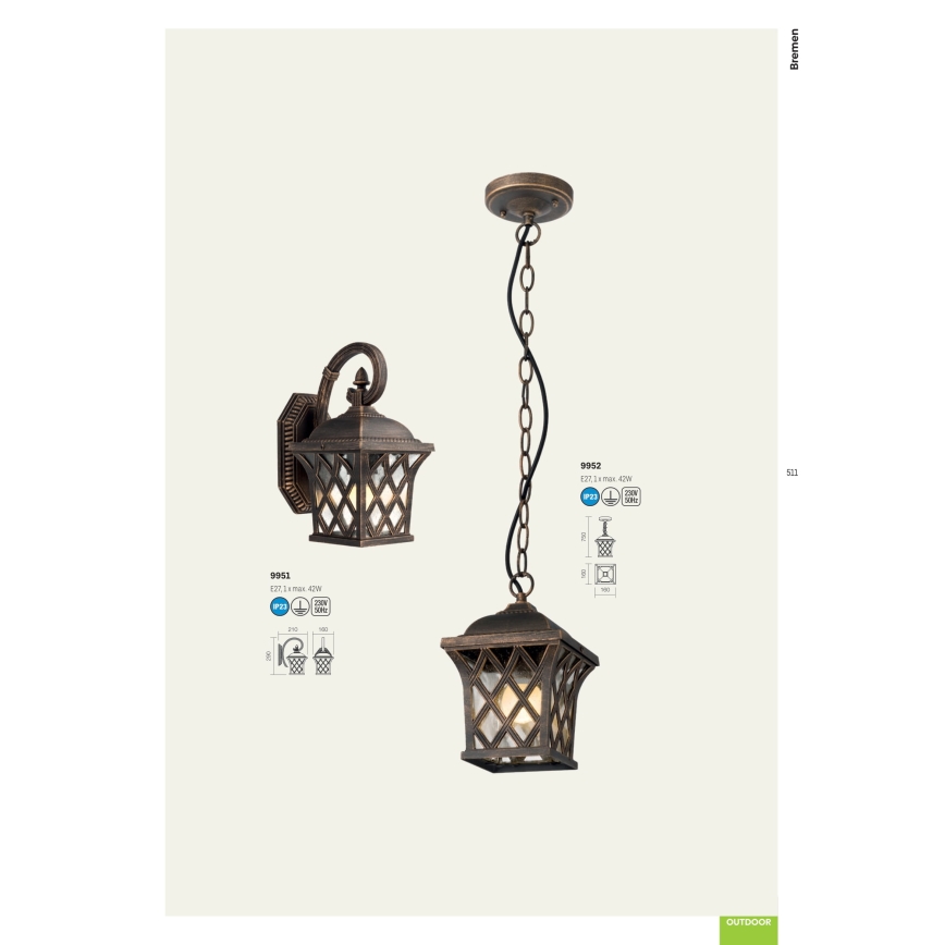 Redo 9951 - Vägglampa för utomhusbruk BREMEN 1xE27/42W/230V IP23 guld/patina