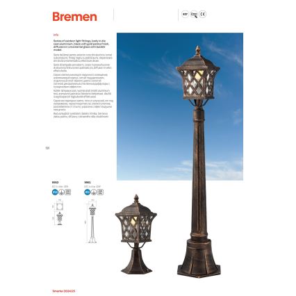 Redo 9961 - Utomhuslampa BREMEN 1xE27/42W/230V IP23 guld/patina