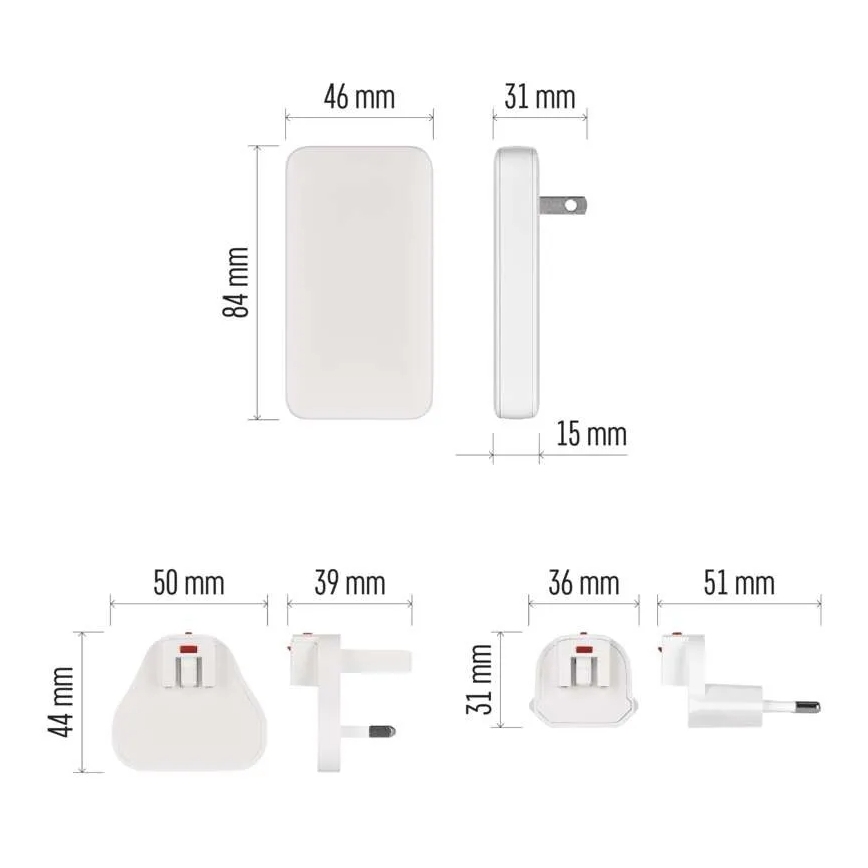 Reseadapter med utbytbara USB-kontakter GaN 100-250V