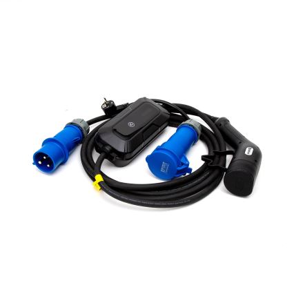 Reseladdningsstation för elbilar EV/PHEV AC Typ 2 32A/230V 7,4kW IP55 5m + adapter 230V 3,7kW + låda