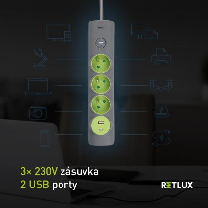 Retlux - Förlängningskabel med strömbrytare, 3 uttag, Typ E + 1x USB-A + 1x USB-C, 1,4 m, grå