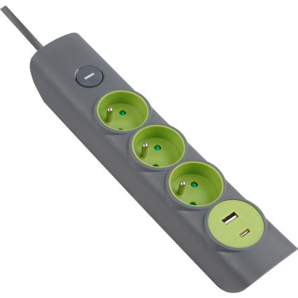 Retlux - Förlängningskabel med strömbrytare, 3 uttag, Typ E + 1x USB-A + 1x USB-C, 1,4 m, grå