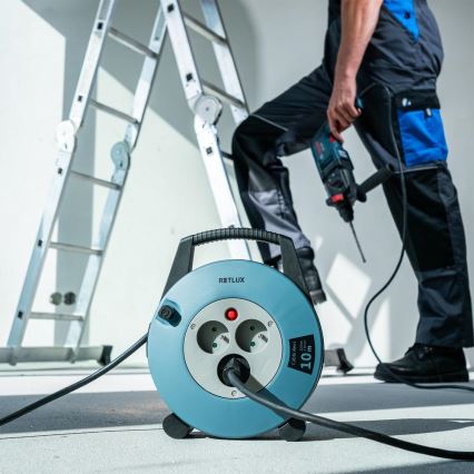 Retlux - Förlängningskabel på kabeltrumma 3 uttag Typ E 10m blå/svart