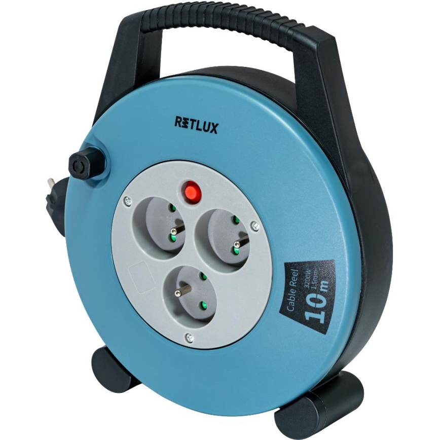 Retlux - Förlängningskabel på kabeltrumma 3 uttag Typ E 10m blå/svart