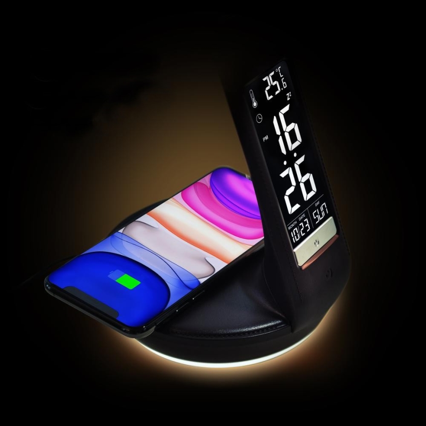 LED Dimbart skrivbordslampa med trådlös Qi-laddning 5W och display LED/6W/230V/1xCR2032 3000/4000/6000K svart