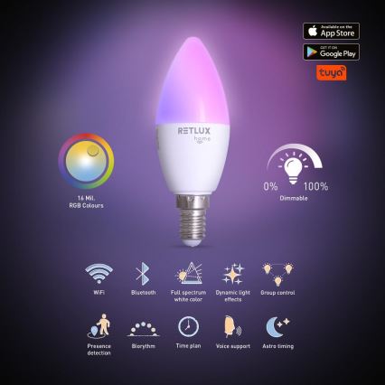 LED RGBW Dimbara glödlampan C37 E14/4,5W/230V 2700-6500K Wi-Fi Tuya