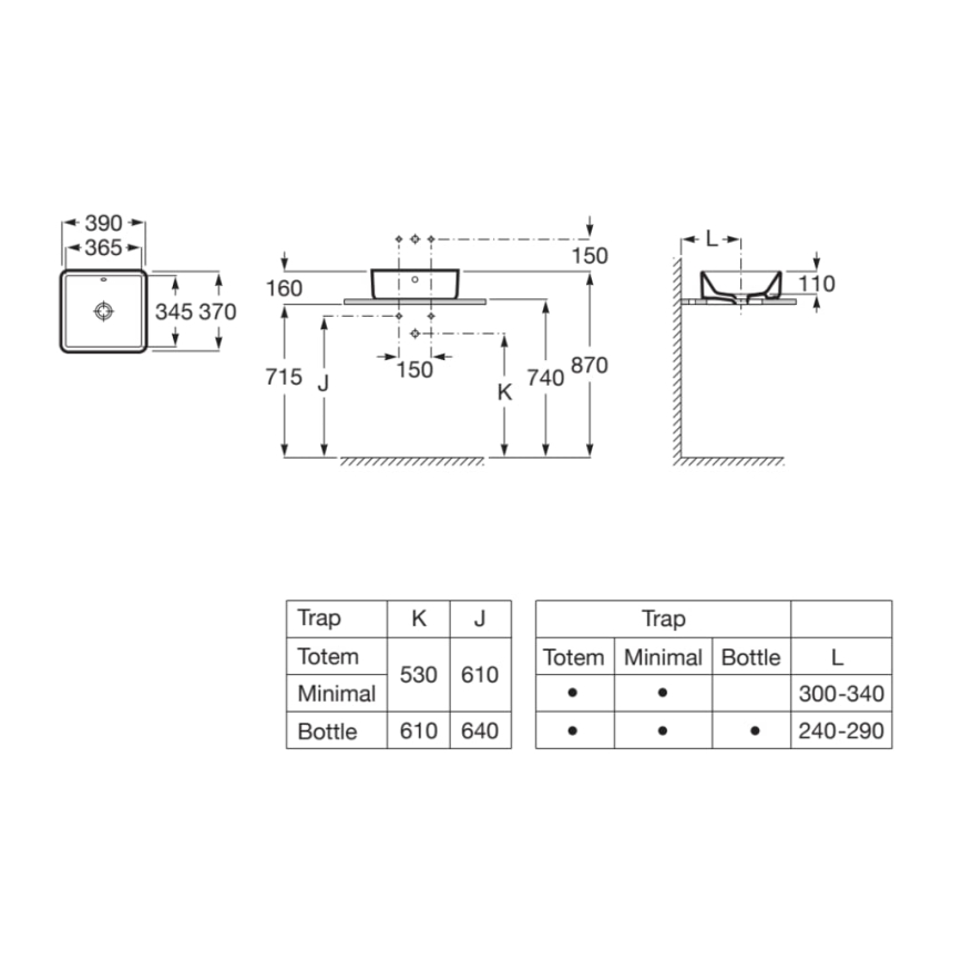 Roca A3270ML000 - Tvättställ för bänkskiva GAP 39x37 cm keramik/vit